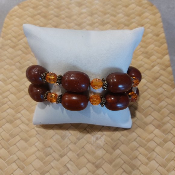 VINTAGE Women's Brown Wood/Plastic Beads w/Brass Separators & Larait Closure - Picture 7 of 13